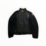 Veste hybride noire Secondstore Parajumpers avec panneau avant matelassé, manches en maille et sangle jaune au col.