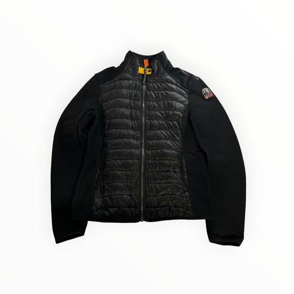 Veste hybride noire Secondstore Parajumpers avec panneau avant matelassé, manches en maille et sangle jaune au col.