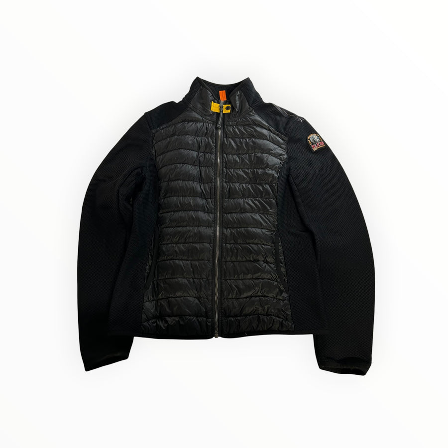 Veste hybride noire Secondstore Parajumpers avec panneau avant matelassé, manches en maille et sangle jaune au col.