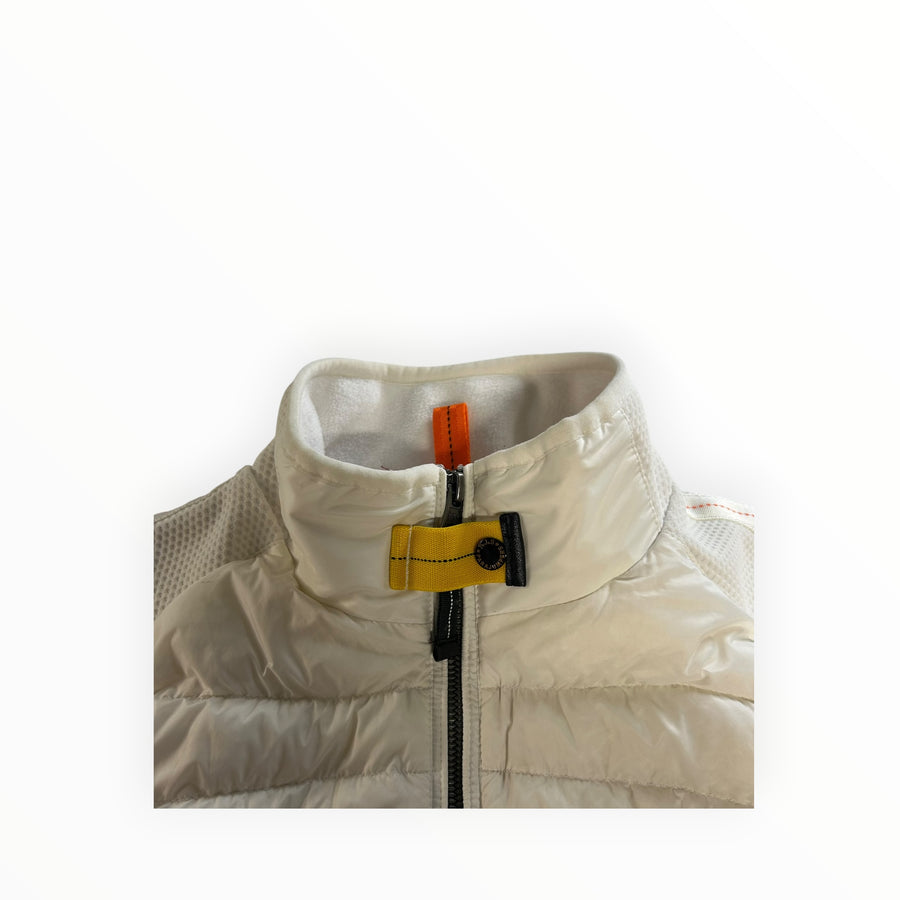 Secondstore PARAJUMPERS white hybrid zip-up jacket with signature yellow neck strap and quilted front panel