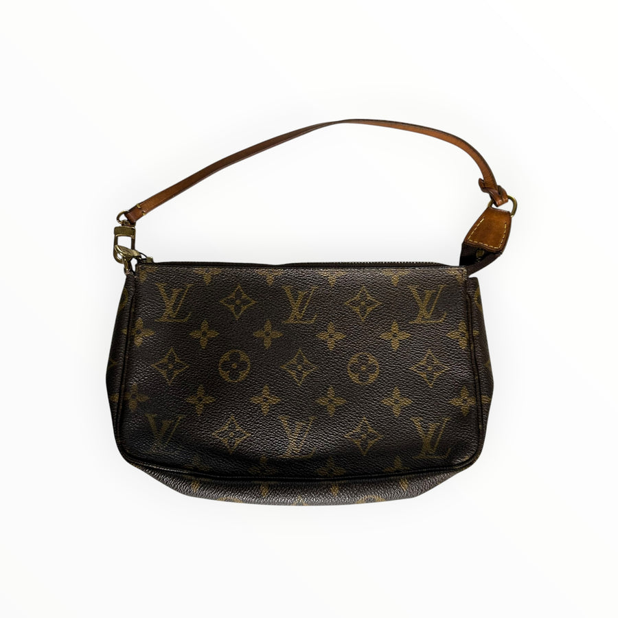 Pochette Accessoires Secondstore Louis Vuitton en toile Monogram marron avec dragonne en cuir de vachette naturel