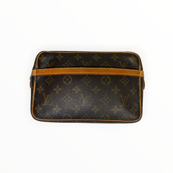 Pochette Secondstore Louis Vuitton en toile Monogram marron avec finitions en cuir naturel et fermeture zippée