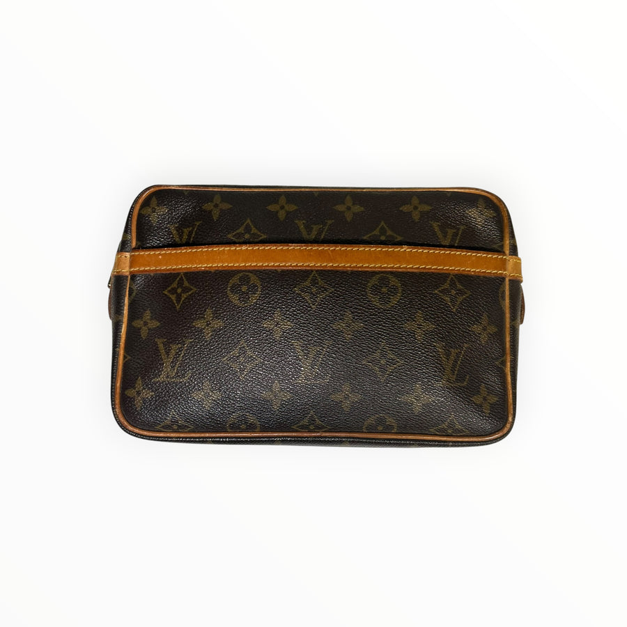 Pochette Secondstore Louis Vuitton en toile Monogram marron avec finitions en cuir naturel et fermeture zippée