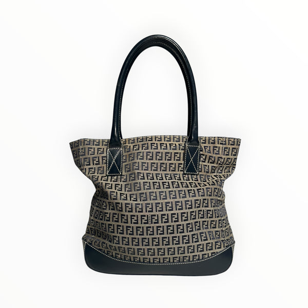 Sac cabas Secondstore Fendi en toile monogrammée avec anses et base en cuir noir et surpiqûres contrastantes