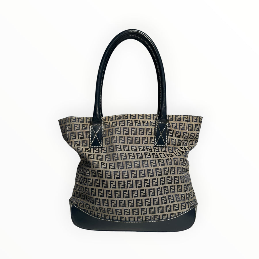 Sac cabas Secondstore Fendi en toile monogrammée avec anses et base en cuir noir et surpiqûres contrastantes