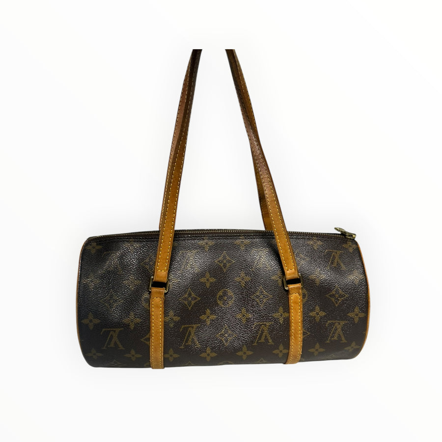 Sac à main cylindrique Louis Vuitton Papillon en toile Monogram et cuir naturel, proposé par Secondstore
