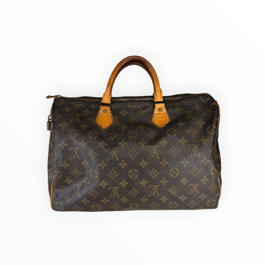 Sac à main Louis Vuitton Speedy en toile Monogram marron avec anses en cuir naturel, proposé par Secondstore
