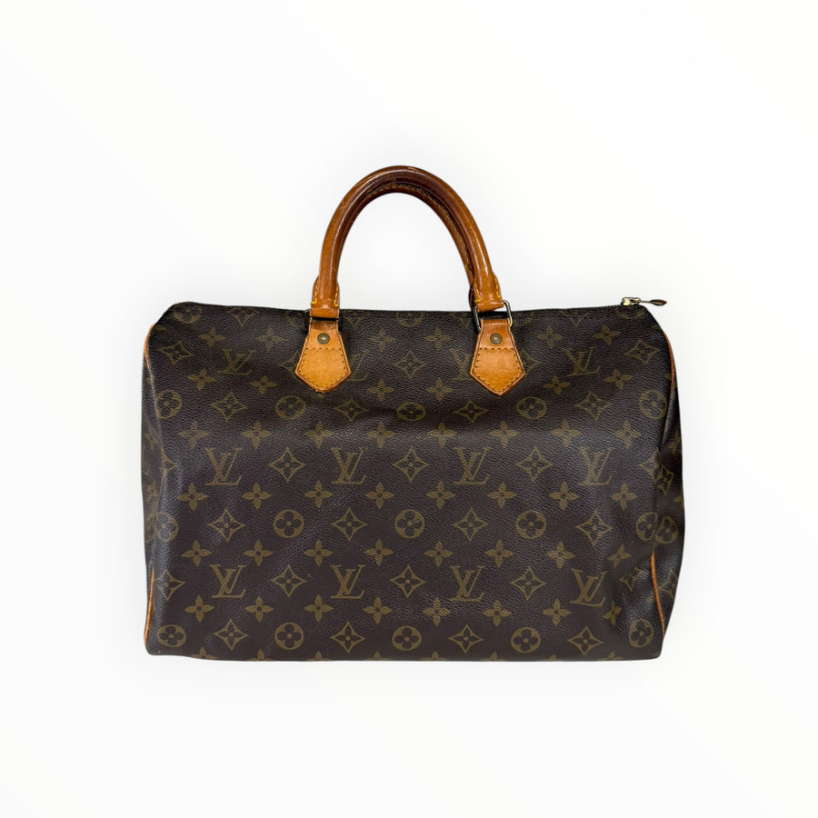 Sac à main Secondstore Louis Vuitton Speedy en toile Monogram marron avec poignées en cuir de vachette naturel