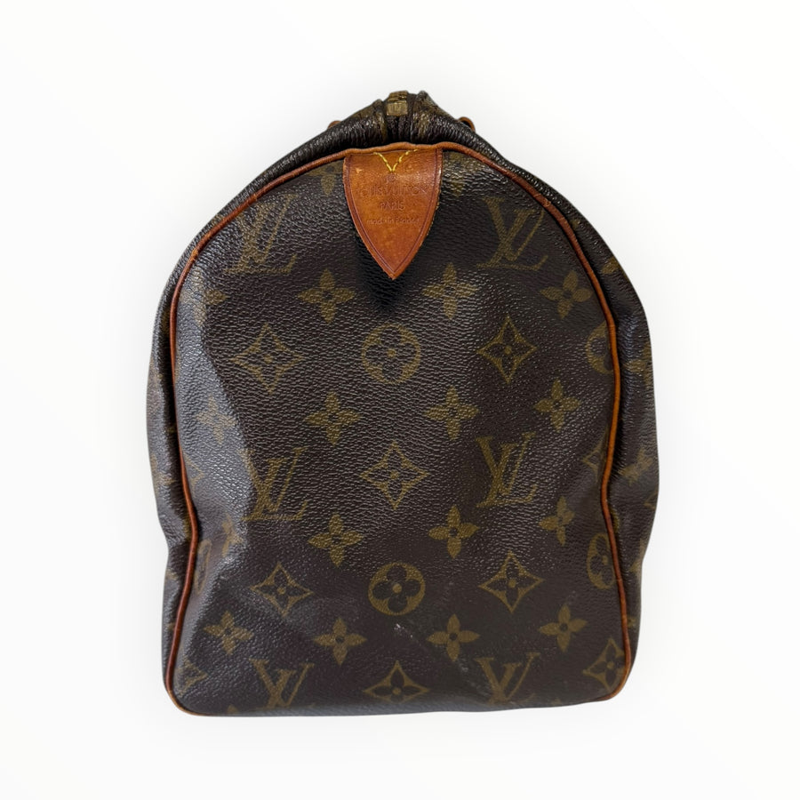 Sac à main Secondstore Louis Vuitton Speedy en toile Monogram marron avec finitions en cuir de vachette naturel.