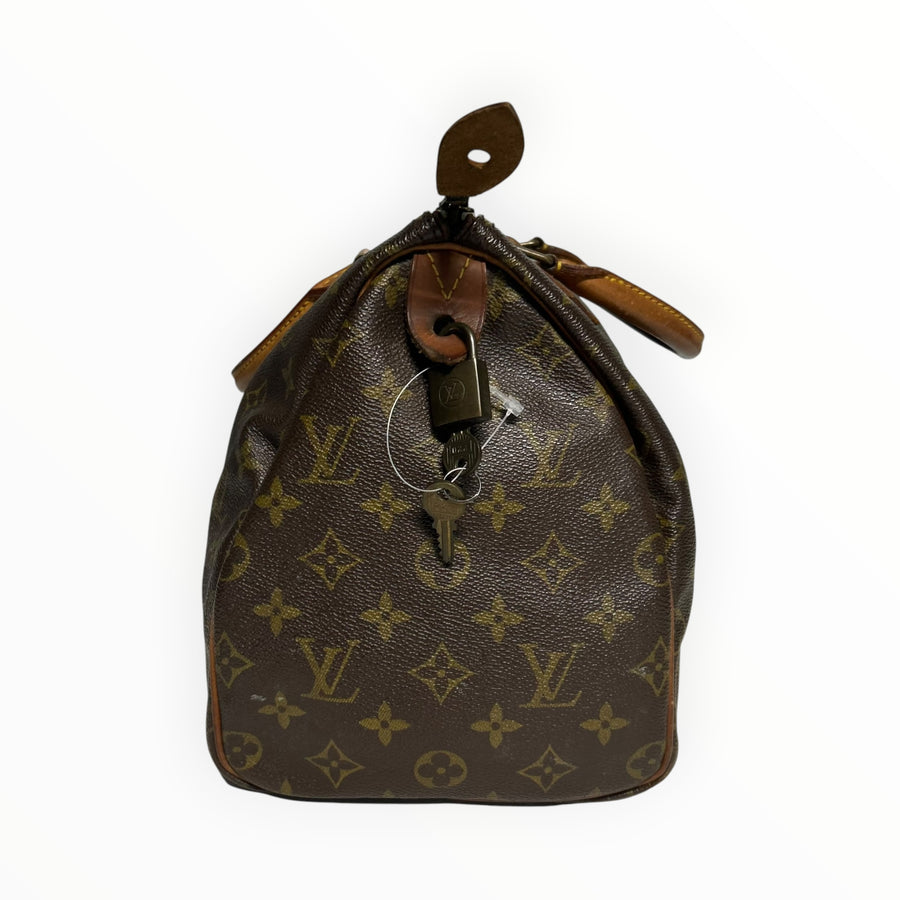 Sac à main Secondstore Louis Vuitton Speedy en toile Monogram marron avec garnitures en cuir et cadenas doré