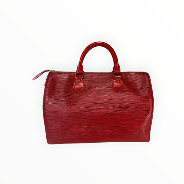 Sac à main Secondstore Louis Vuitton Speedy en cuir Épi rouge avec texture striée et finitions en métal doré.