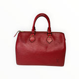 Sac à main Secondstore Louis Vuitton Speedy en cuir Épi rouge avec finitions en laiton doré et texture striée.