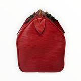 Vue latérale du sac à main Secondstore Louis Vuitton Speedy en cuir Épi rouge avec détails en laiton doré