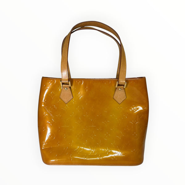 Sac à main Secondstore Louis Vuitton en toile vernie ambrée avec monogramme embossé et anses en cuir naturel