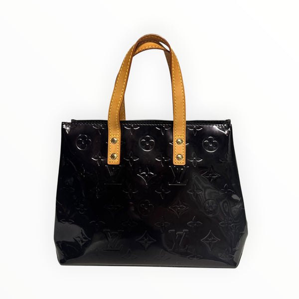 Sac à main Secondstore Louis Vuitton en cuir verni noir avec monogramme embossé et anses en cuir naturel clair