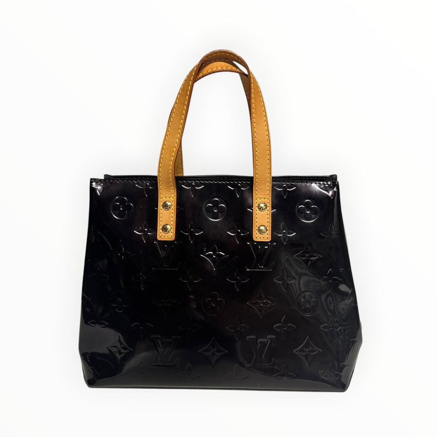 Sac à main Secondstore Louis Vuitton en cuir verni noir avec monogramme embossé et anses en cuir naturel clair