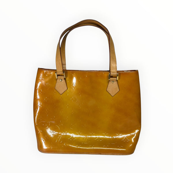 Sac à main Secondstore Louis Vuitton en toile vernie ambrée avec monogramme embossé et anses en cuir naturel
