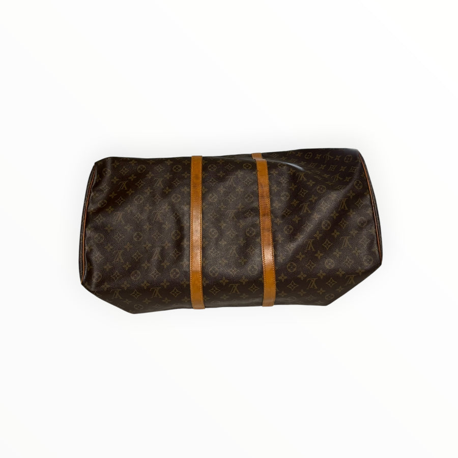 Sac de voyage Secondstore Louis Vuitton Keepall en toile Monogram marron avec garnitures en cuir de vachette naturel