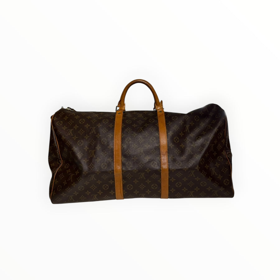 Sac de voyage Secondstore Louis Vuitton Keepall en toile Monogram marron avec garnitures en cuir de vachette naturel