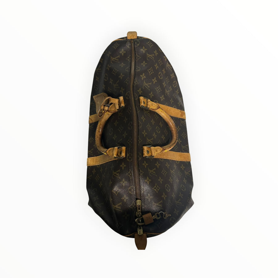 Sac de voyage Secondstore Louis Vuitton Keepall en toile Monogram marron avec finitions en cuir de vachette naturel