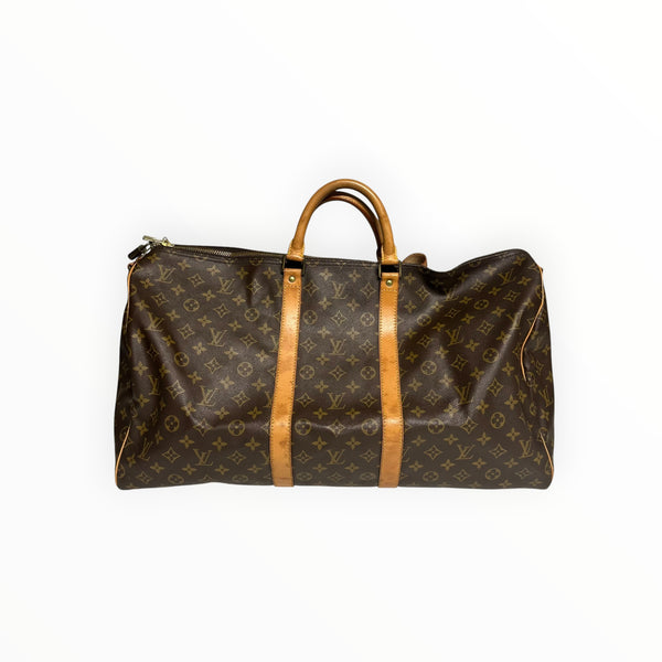 Sac de voyage Secondstore Louis Vuitton Keepall en toile Monogram marron avec garnitures en cuir de vachette naturel