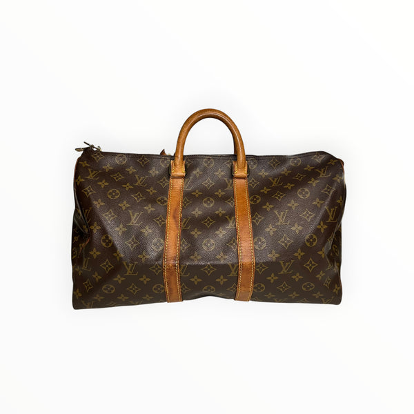 Sac de voyage Secondstore Louis Vuitton Keepall en toile Monogram marron avec garnitures en cuir de vachette naturel