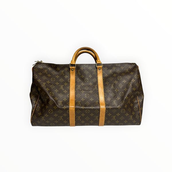 Sac de voyage Secondstore Louis Vuitton Keepall en toile Monogram marron avec finitions en cuir de vachette naturel