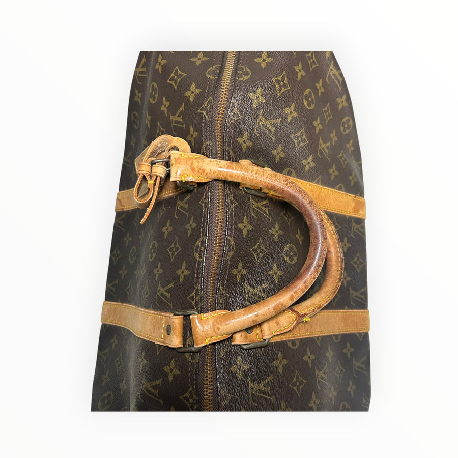 Sac de voyage Secondstore Louis Vuitton Keepall en toile Monogram marron avec poignées en cuir naturel patiné