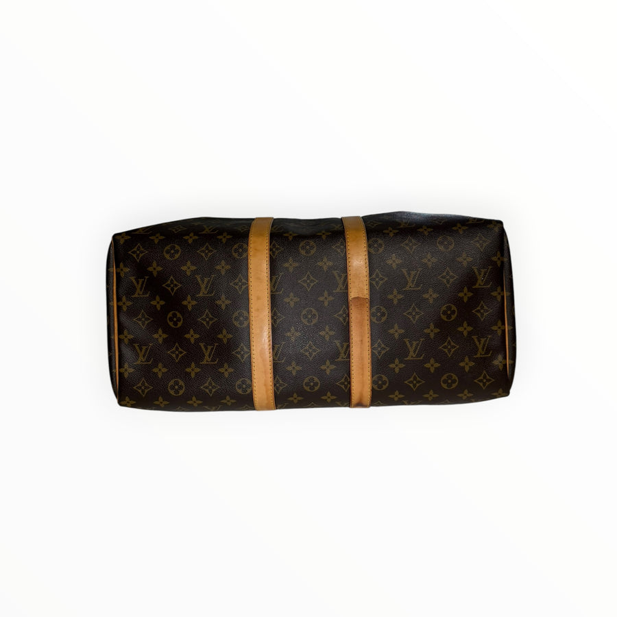 Sac de voyage Secondstore Louis Vuitton Keepall en toile Monogram marron avec finitions en cuir naturel