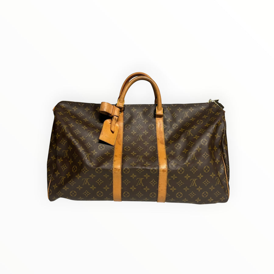 Sac de voyage Secondstore Louis Vuitton Keepall en toile Monogram marron avec garnitures en cuir de vachette naturel