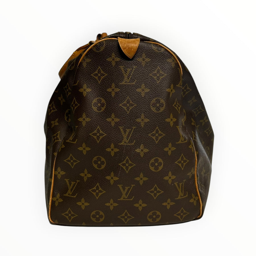 Sac de voyage Secondstore Louis Vuitton Keepall en toile Monogram marron avec finitions en cuir de vachette naturel