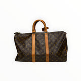 Sac de voyage Secondstore Louis Vuitton Keepall en toile Monogram marron avec poignées en cuir de vachette naturel