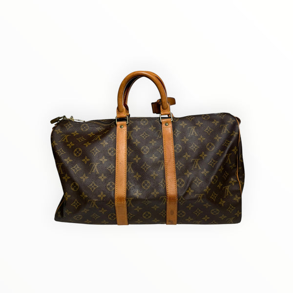 Sac de voyage Secondstore Louis Vuitton Keepall en toile Monogram marron avec poignées en cuir de vachette naturel