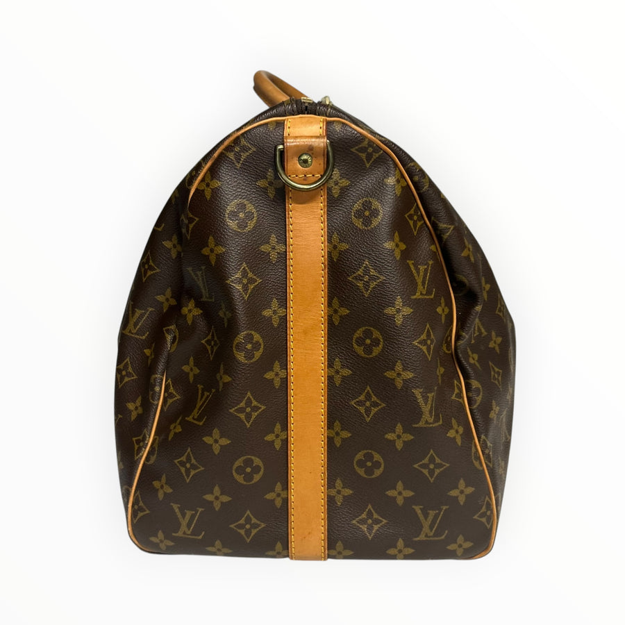 Sac de voyage Secondstore Louis Vuitton Keepall en toile Monogram marron avec garnitures en cuir de vachette naturel