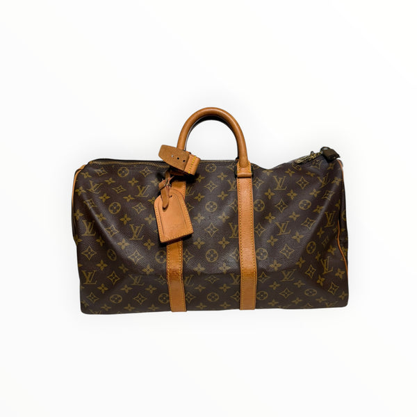 Sac de voyage Secondstore Louis Vuitton Keepall en toile Monogram marron avec finitions en cuir de vachette naturel