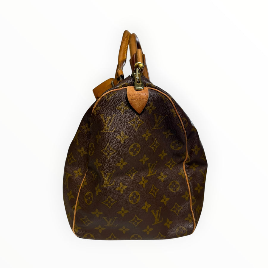 Sac de voyage Secondstore Louis Vuitton Keepall en toile Monogram marron avec finitions en cuir de vachette naturel