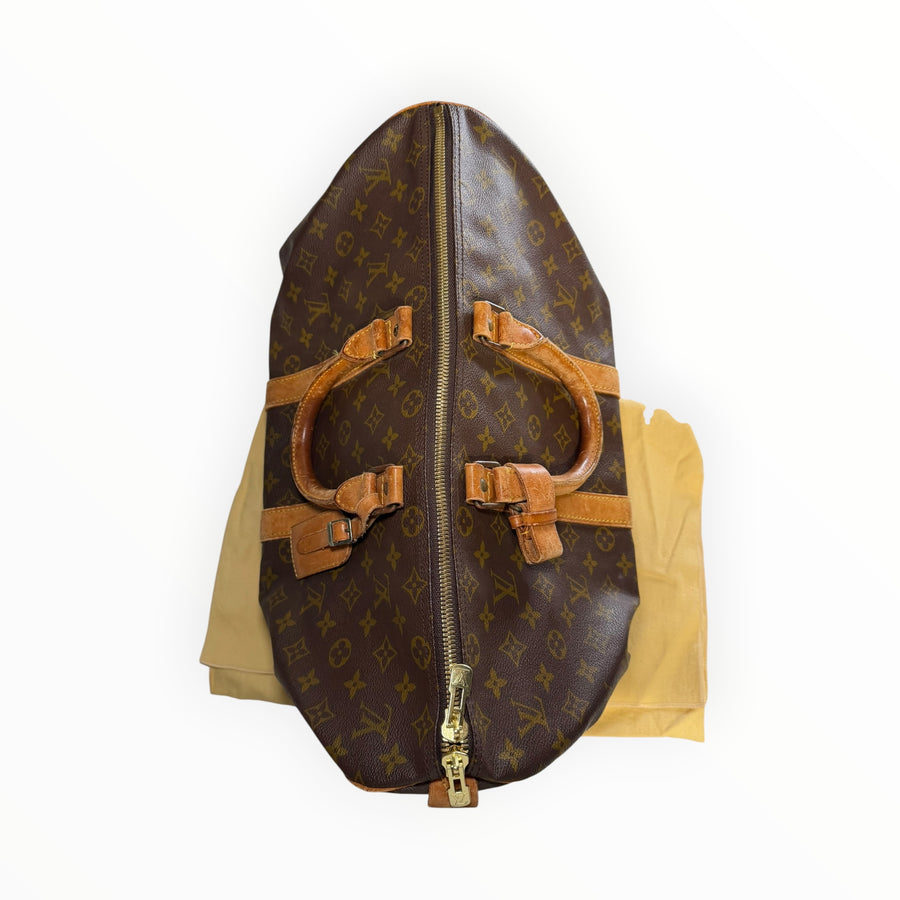 Sac de voyage Secondstore Louis Vuitton Keepall en toile Monogram marron avec poignées en cuir de vachette naturel