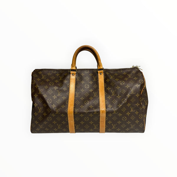 Sac de voyage Secondstore Louis Vuitton Keepall en toile Monogram marron avec finitions en cuir de vachette naturel