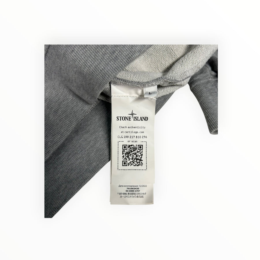 Secondstore Stone Island grey sweatshirt interior authenticity label with QR code and Certilogo details