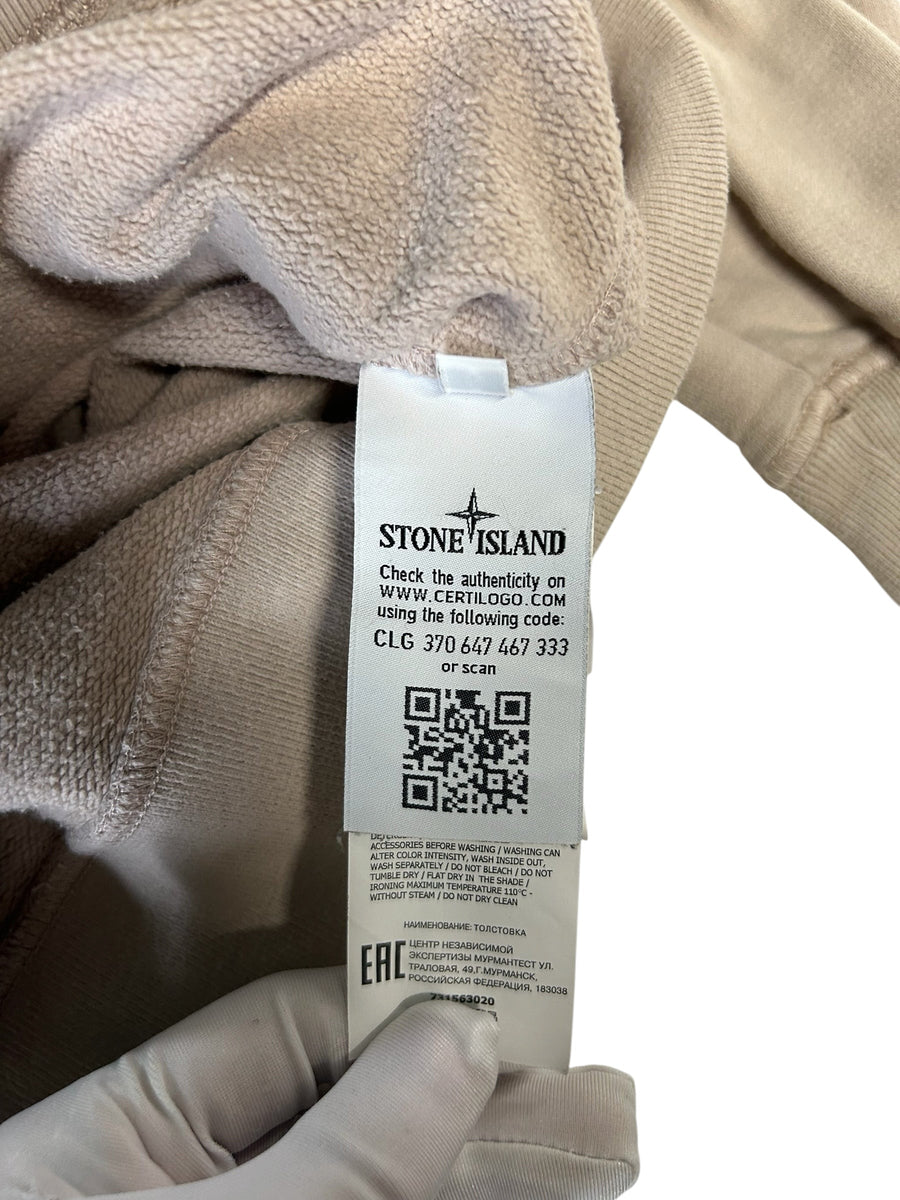 Secondstore Stone Island beige cotton sweatshirt interior authenticity label with Certilogo QR code and care details
