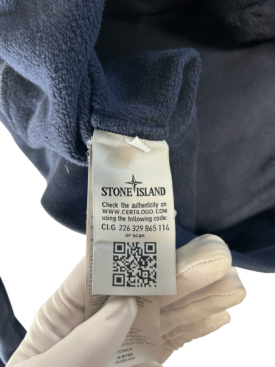 Secondstore Stone Island navy cotton sweatshirt authenticity label with Certilogo QR code and CLG code