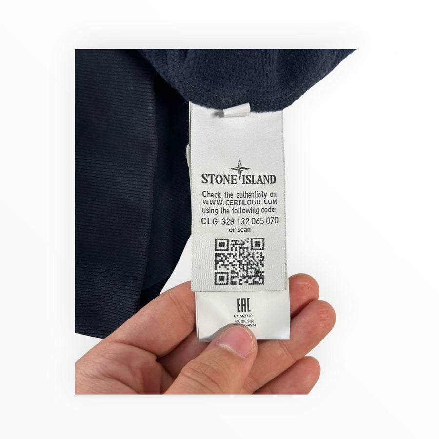 Secondstore Stone Island sweatshirt internal authenticity label with QR code and Certilogo verification details