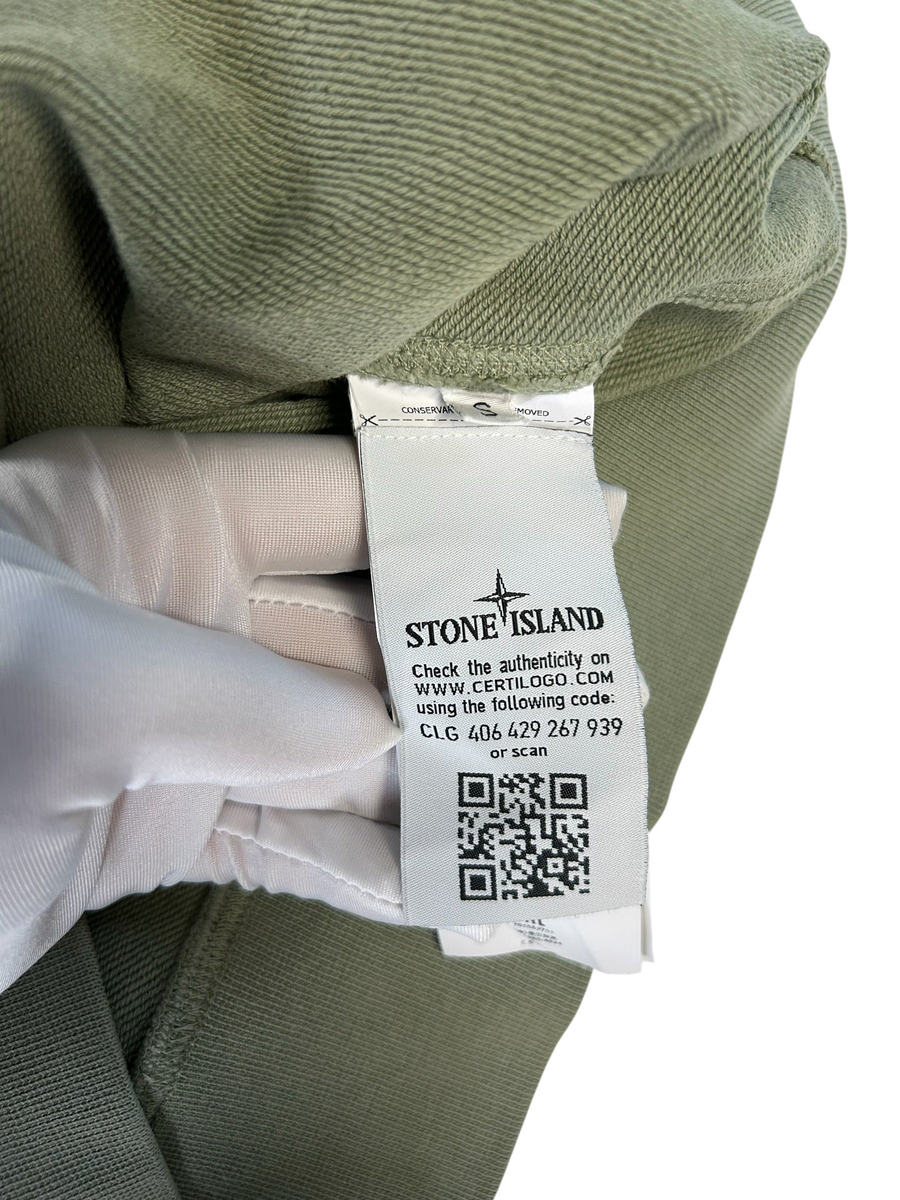 Secondstore Stone Island sage green crewneck sweatshirt interior authenticity label with QR code and Certilogo details