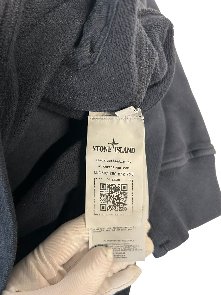 Secondstore Stone Island navy cotton hoodie interior authenticity label with QR code and Certilogo details