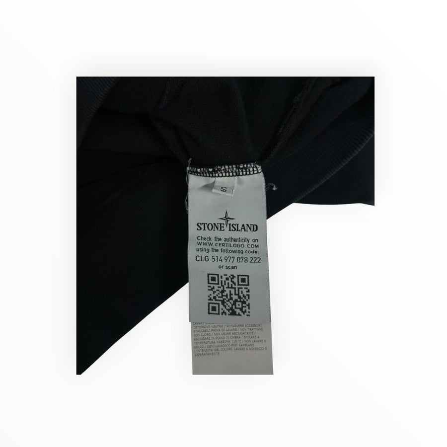 Secondstore Stone Island black cotton sweatshirt internal authenticity label with Certilogo QR code and size tag