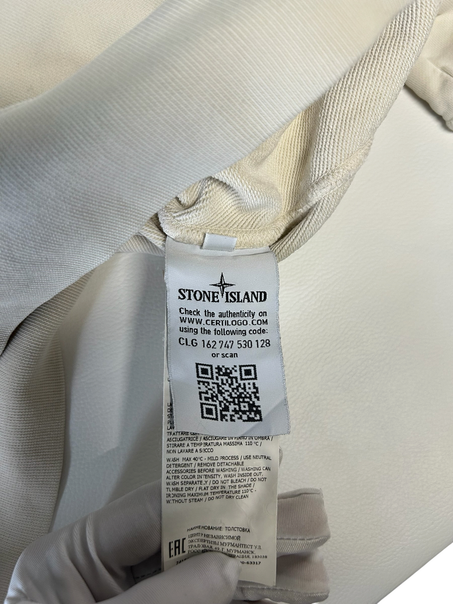 Secondstore Stone Island cream cotton sweatshirt interior care label with Certilogo authenticity QR code