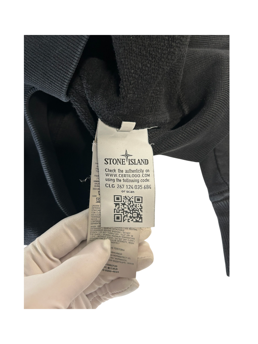 Secondstore Stone Island sweatshirt interior care label with Certilogo authenticity QR code and product information