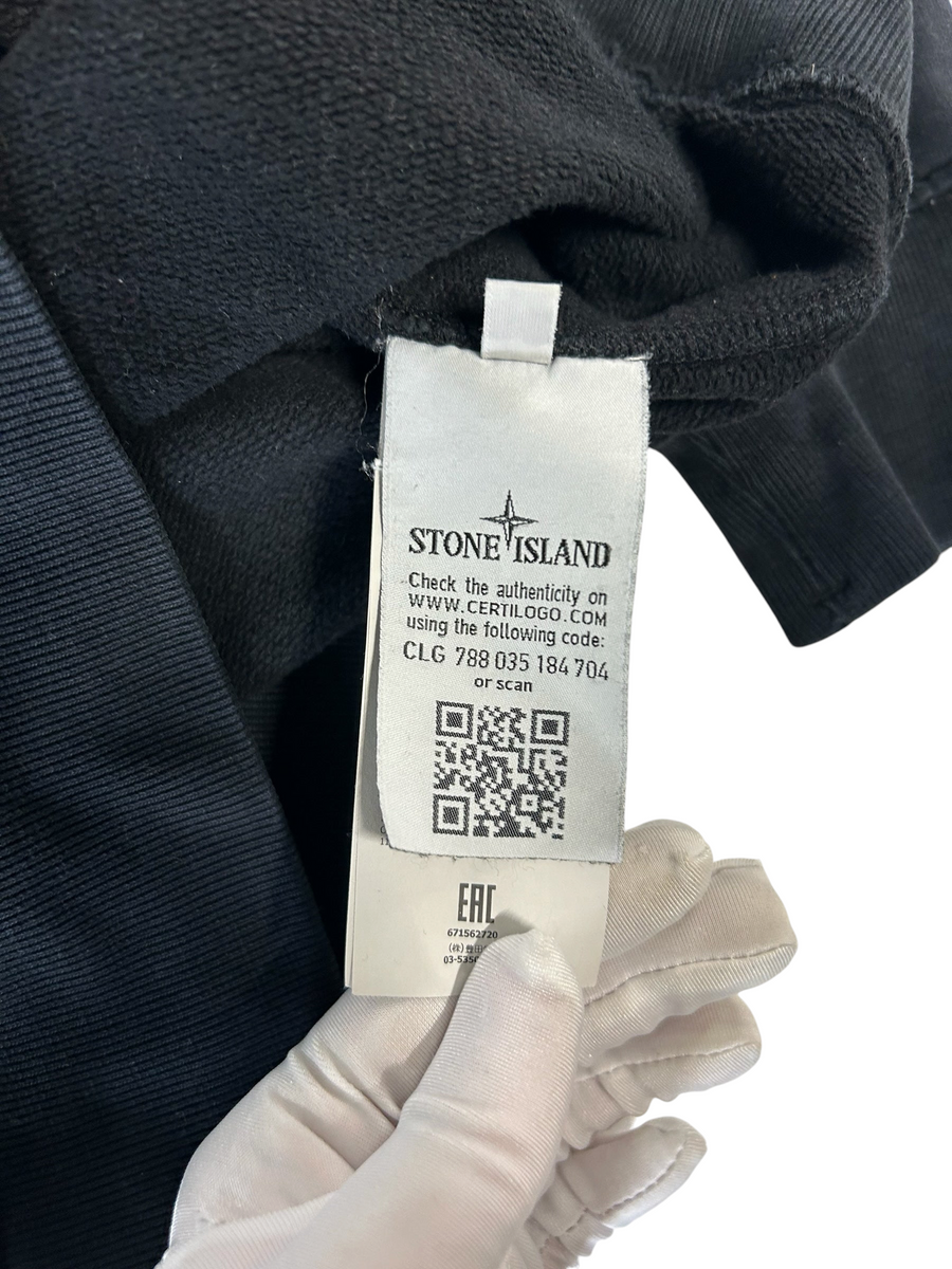 Secondstore Stone Island black sweatshirt interior authenticity label with Certilogo QR code and branding