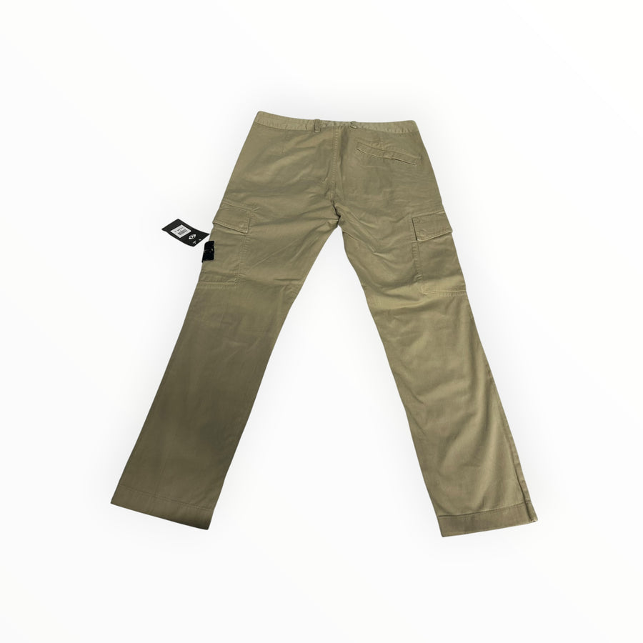 Secondstore beige Stone Island cotton cargo trousers with side pockets and iconic brand patch, back view.