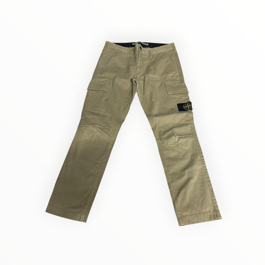 Secondstore beige Stone Island cotton cargo trousers with side pockets and iconic brand patch on the leg